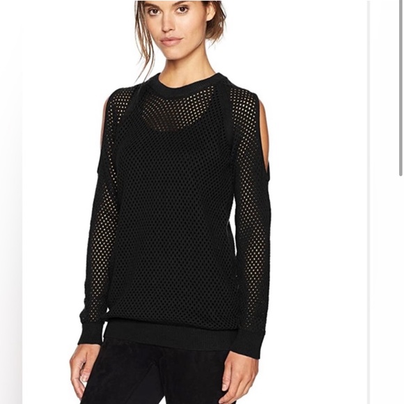BCBGeneration black open shoulder long sleeve open holes sweater. Size large - Picture 1 of 6